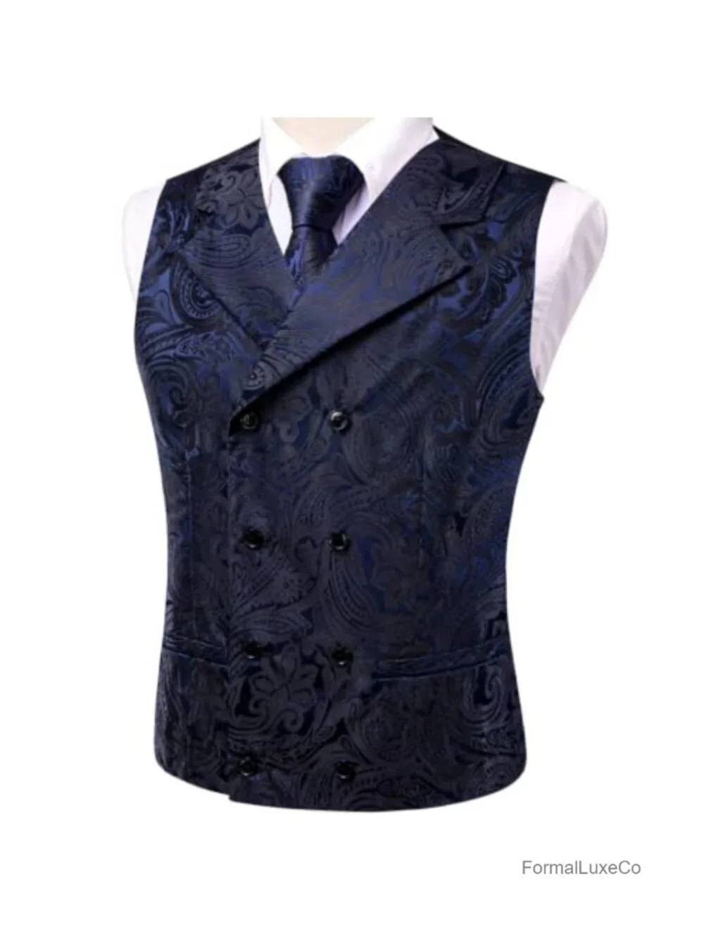 Men's Double Breasted Formal Vest Set with Tie, Pocket Square, Cufflinks for